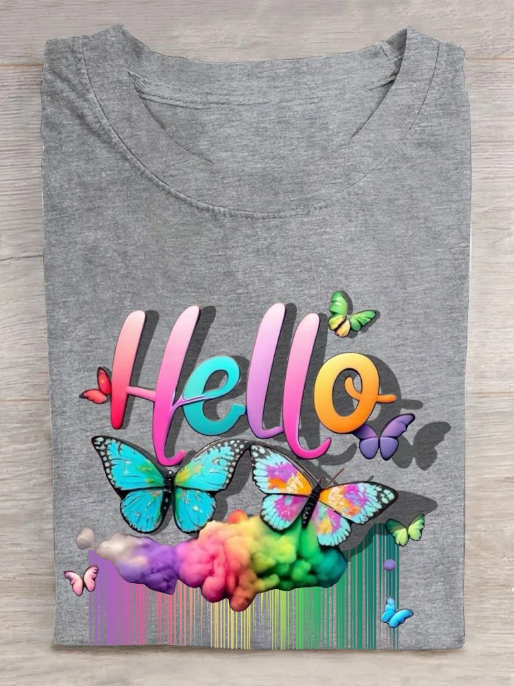 Baumwolle Lässig Schmetterling Regenbogen  T-Shirt
