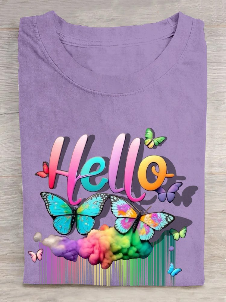 Baumwolle Lässig Schmetterling Regenbogen  T-Shirt