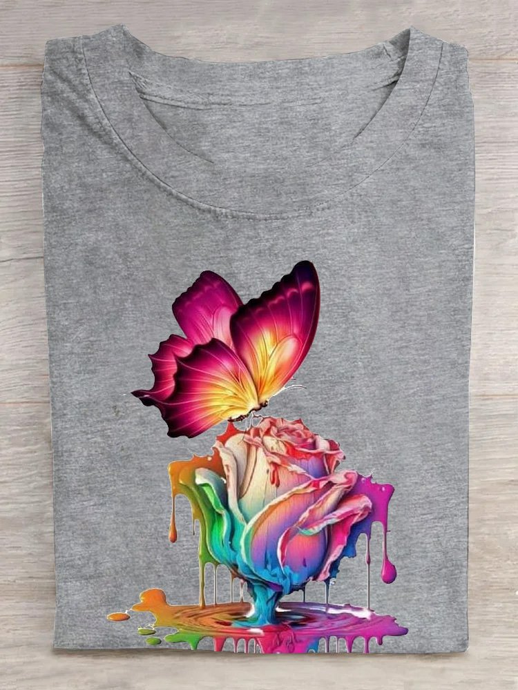 Lässig Baumwolle Schmetterling Geblümt Weit T-Shirt