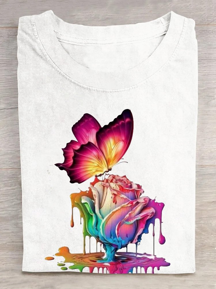 Lässig Baumwolle Schmetterling Geblümt Weit T-Shirt