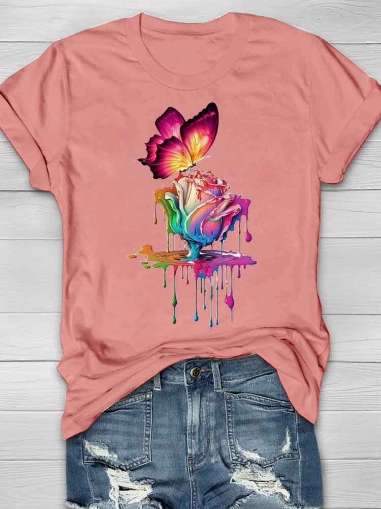Lässig Baumwolle Schmetterling Geblümt Weit T-Shirt