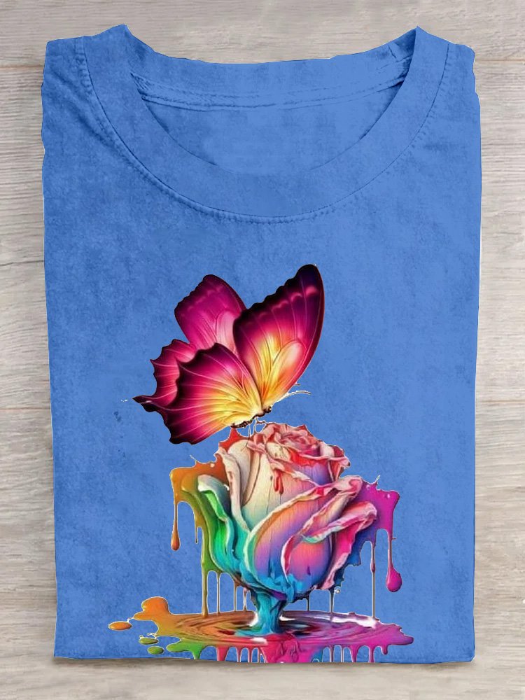Lässig Baumwolle Schmetterling Geblümt Weit T-Shirt