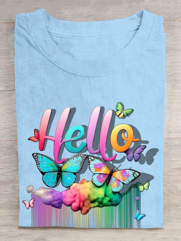 Baumwolle Lässig Schmetterling Regenbogen  T-Shirt