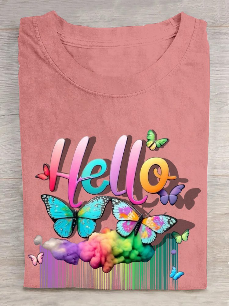 Baumwolle Lässig Schmetterling Regenbogen  T-Shirt