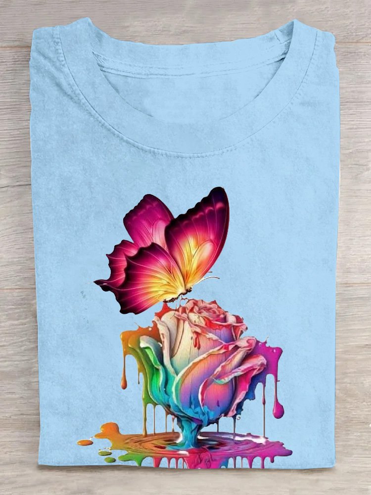 Lässig Baumwolle Schmetterling Geblümt Weit T-Shirt