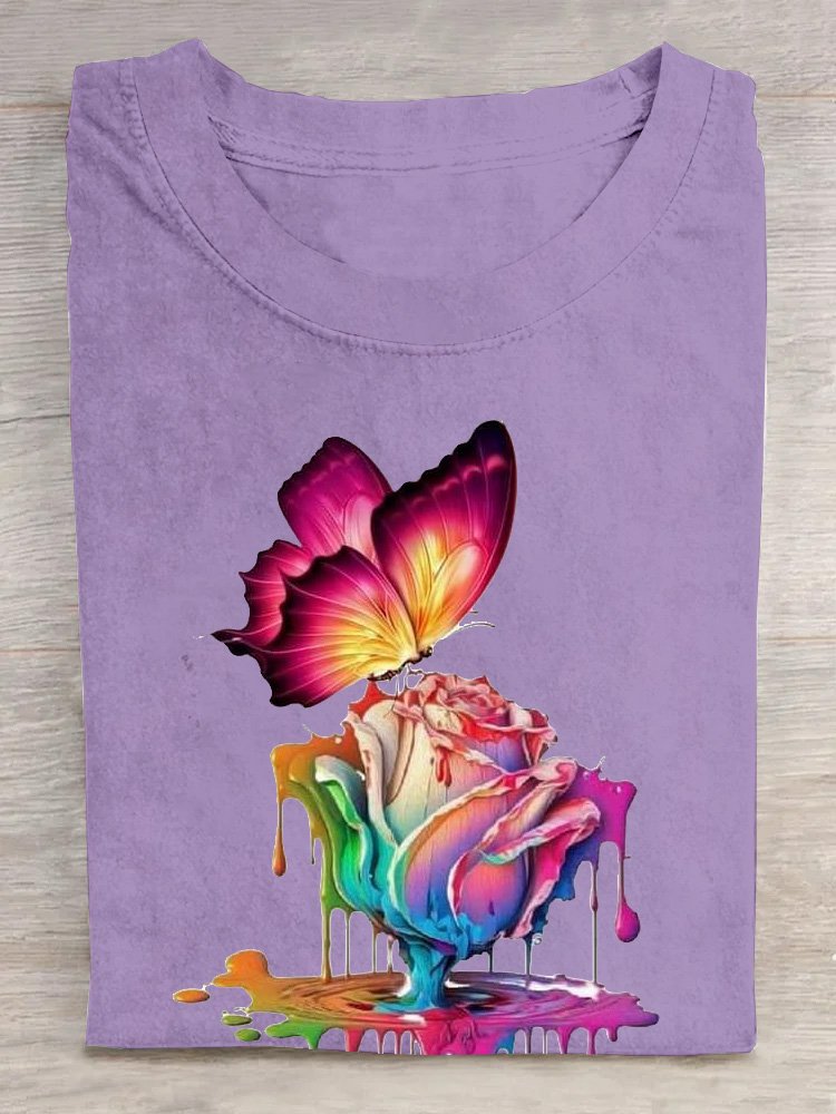 Lässig Baumwolle Schmetterling Geblümt Weit T-Shirt