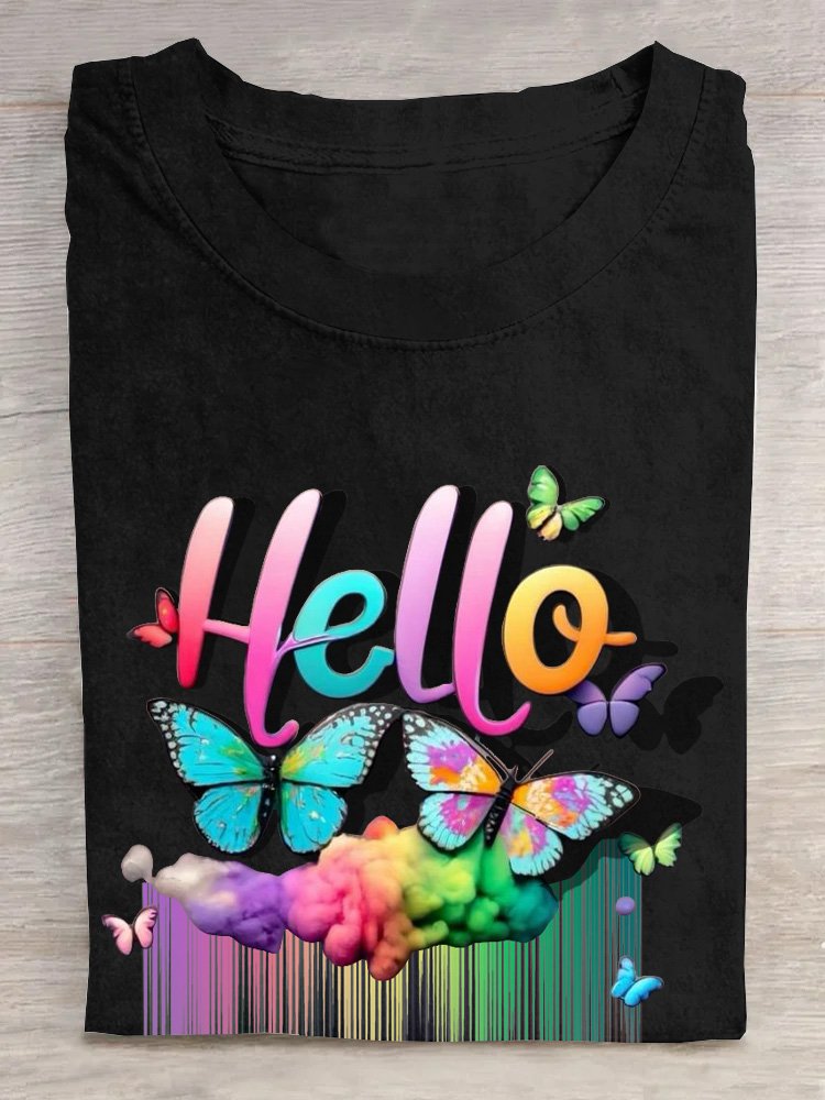 Baumwolle Lässig Schmetterling Regenbogen  T-Shirt