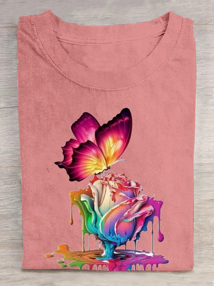 Lässig Baumwolle Schmetterling Geblümt Weit T-Shirt
