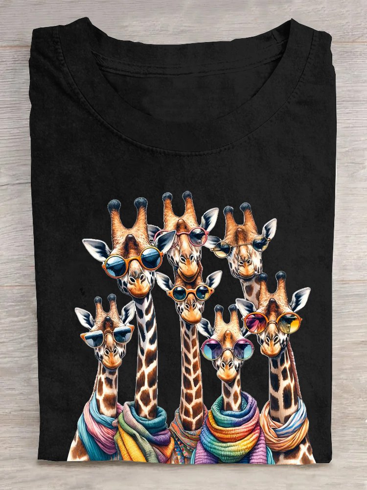 Baumwolle Lässig Giraffe Rundhals Weit T-Shirt
