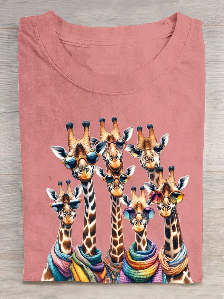 Baumwolle Lässig Giraffe Rundhals Weit T-Shirt