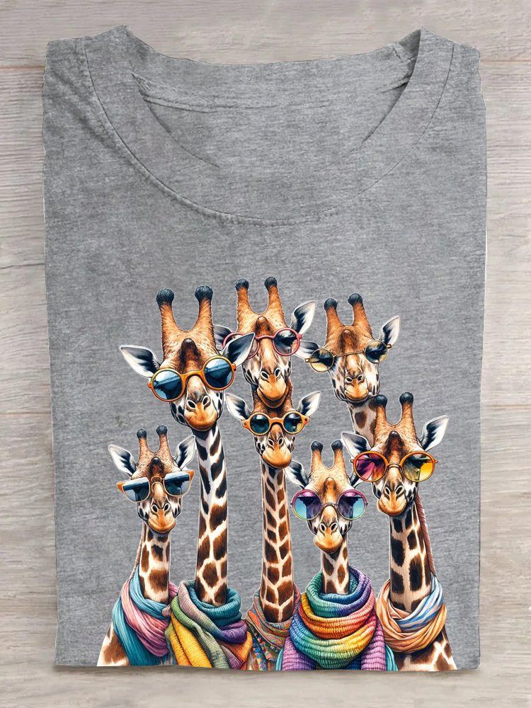 Baumwolle Lässig Giraffe Rundhals Weit T-Shirt