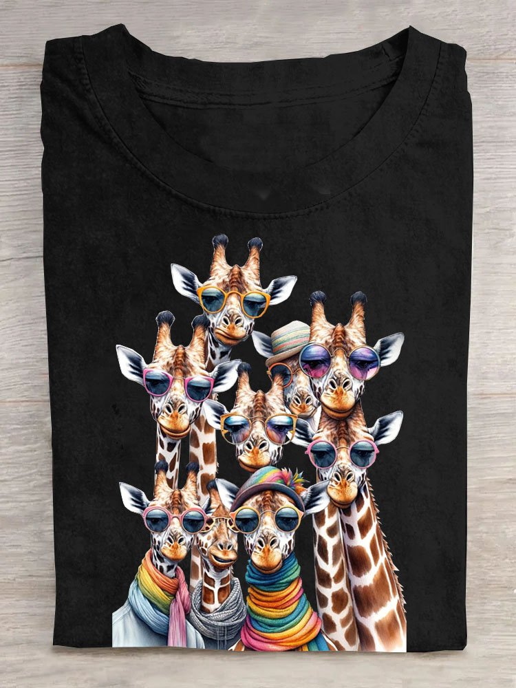 Lustig Überlappung Sonnenbrille Giraffe Print Lässig Rundhals T-Shirt