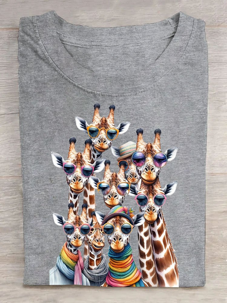 Lustig Überlappung Sonnenbrille Giraffe Print Lässig Rundhals T-Shirt