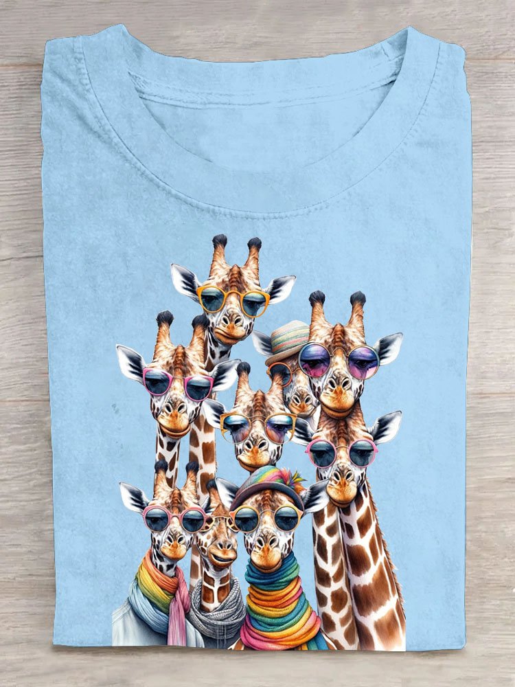 Lustig Überlappung Sonnenbrille Giraffe Print Lässig Rundhals T-Shirt
