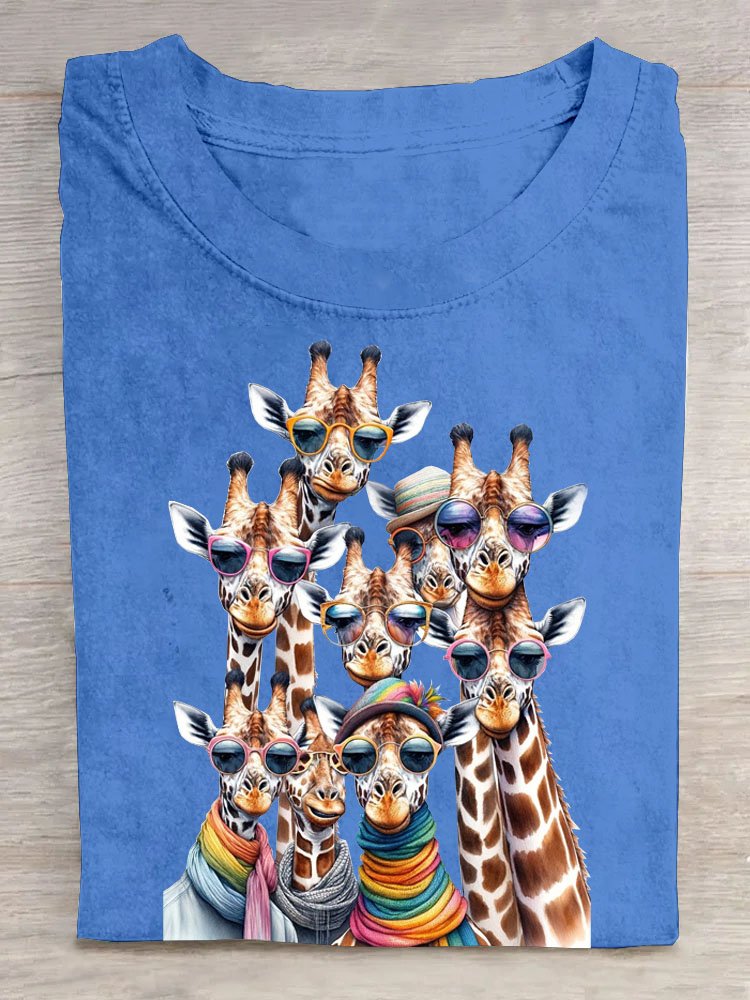 Lustig Überlappung Sonnenbrille Giraffe Print Lässig Rundhals T-Shirt