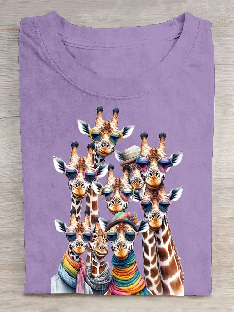 Lustig Überlappung Sonnenbrille Giraffe Print Lässig Rundhals T-Shirt