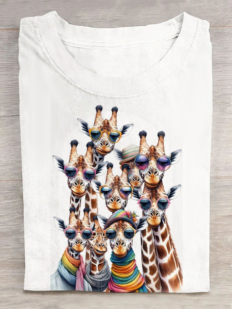 Lustig Überlappung Sonnenbrille Giraffe Print Lässig Rundhals T-Shirt