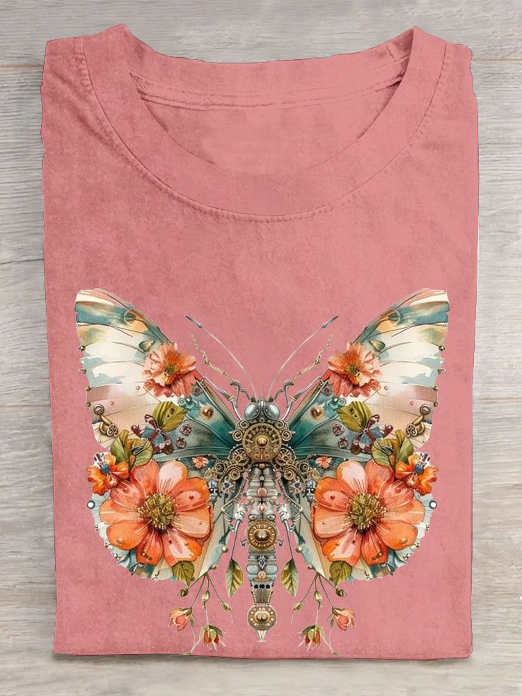 Geblümt Schmetterling Print Lässig T-Shirt