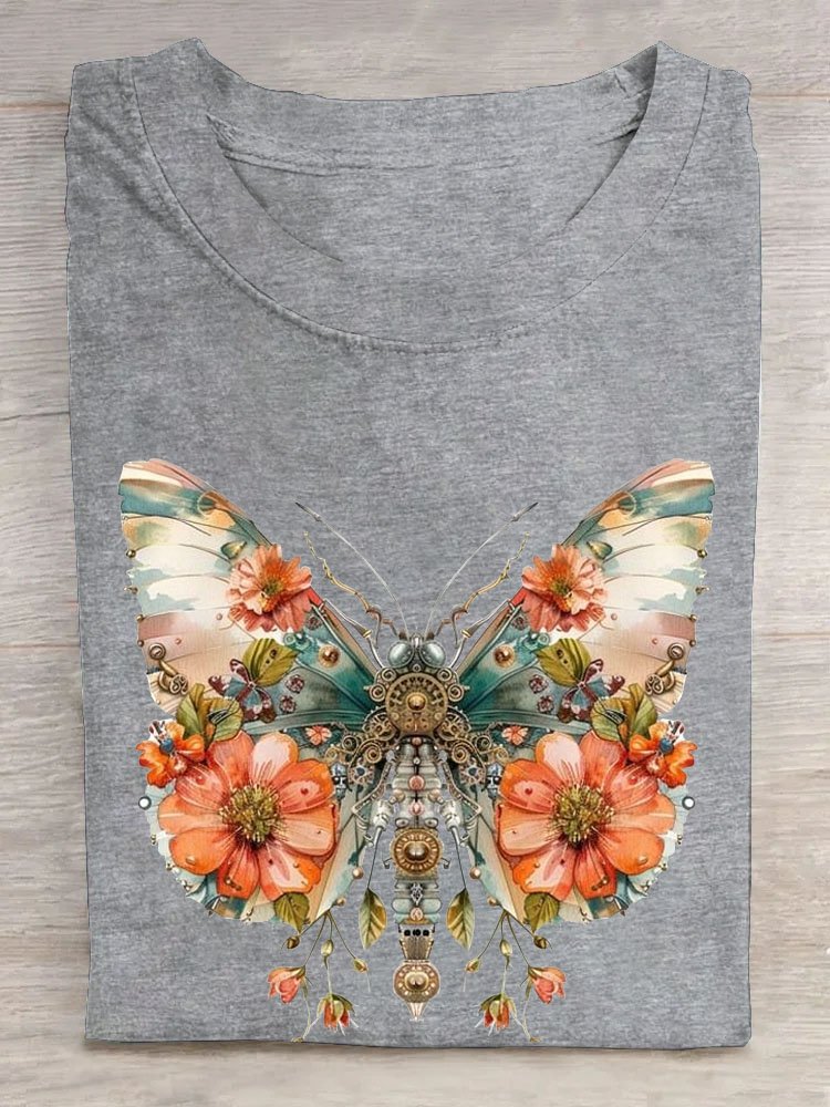 Geblümt Schmetterling Print Lässig T-Shirt