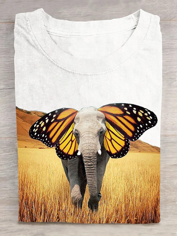 Lässig Baumwolle Rundhals Elefant Landschaftsdruck T-Shirt