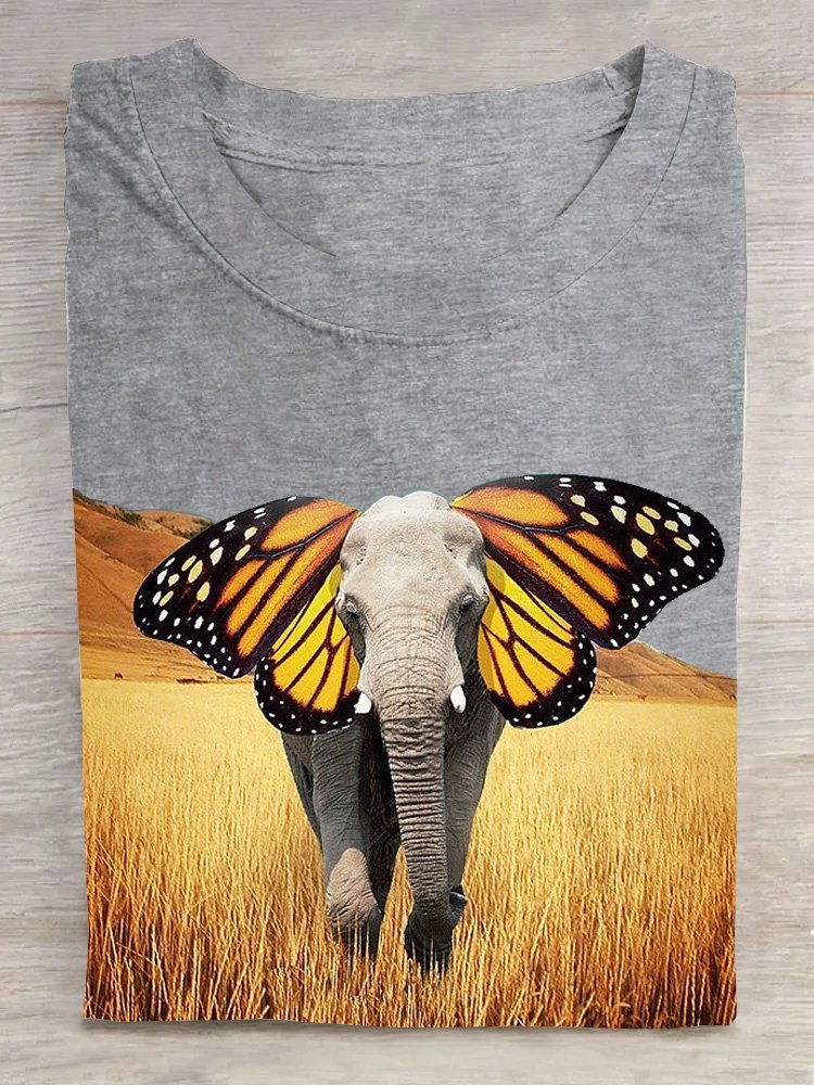 Lässig Baumwolle Rundhals Elefant Landschaftsdruck T-Shirt