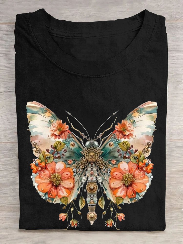Geblümt Schmetterling Print Lässig T-Shirt