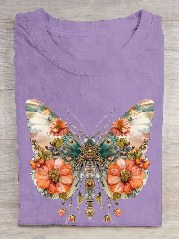 Geblümt Schmetterling Print Lässig T-Shirt