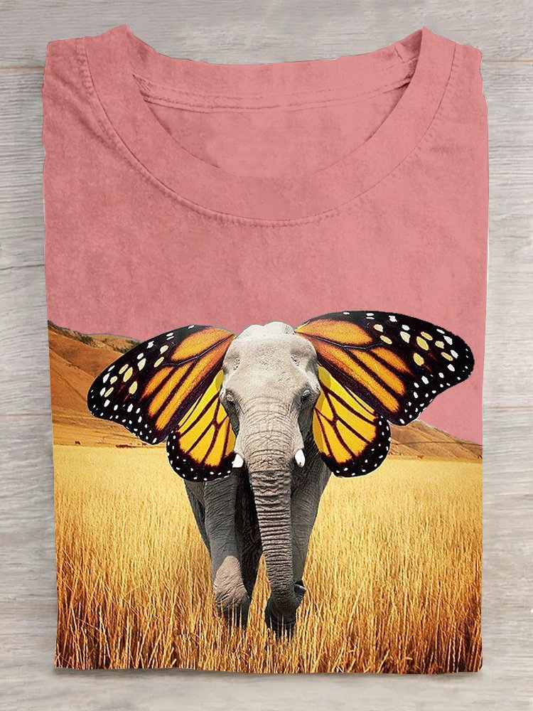 Lässig Baumwolle Rundhals Elefant Landschaftsdruck T-Shirt