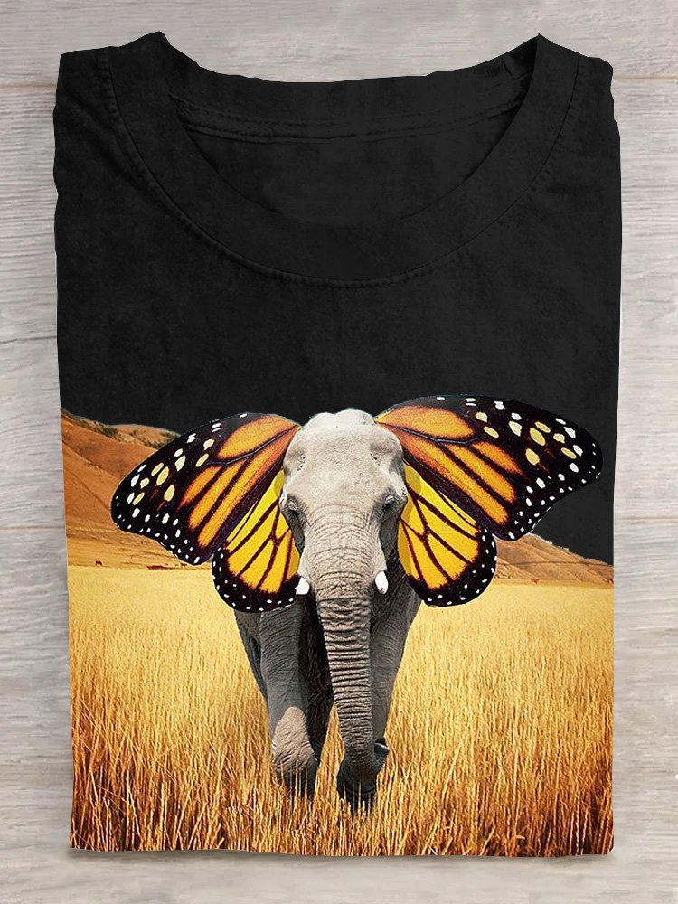 Lässig Baumwolle Rundhals Elefant Landschaftsdruck T-Shirt
