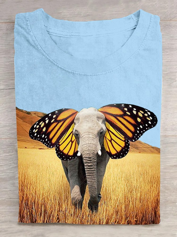 Lässig Baumwolle Rundhals Elefant Landschaftsdruck T-Shirt