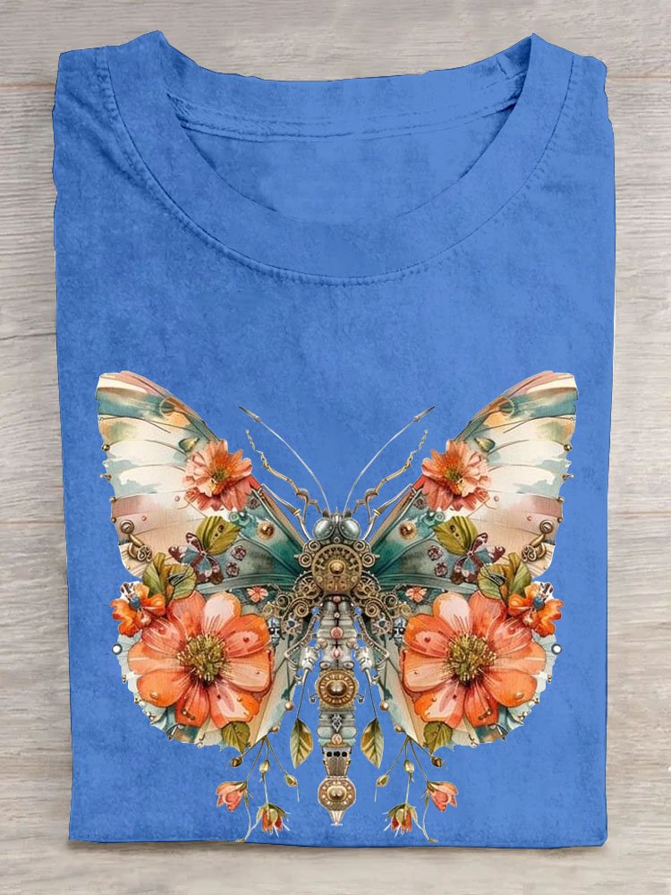 Geblümt Schmetterling Print Lässig T-Shirt