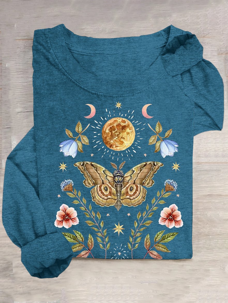 Weit Lässig Geblümt Schmetterling Baumwollmischung T-Shirt