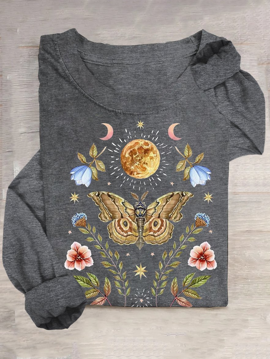 Weit Lässig Geblümt Schmetterling Baumwollmischung T-Shirt