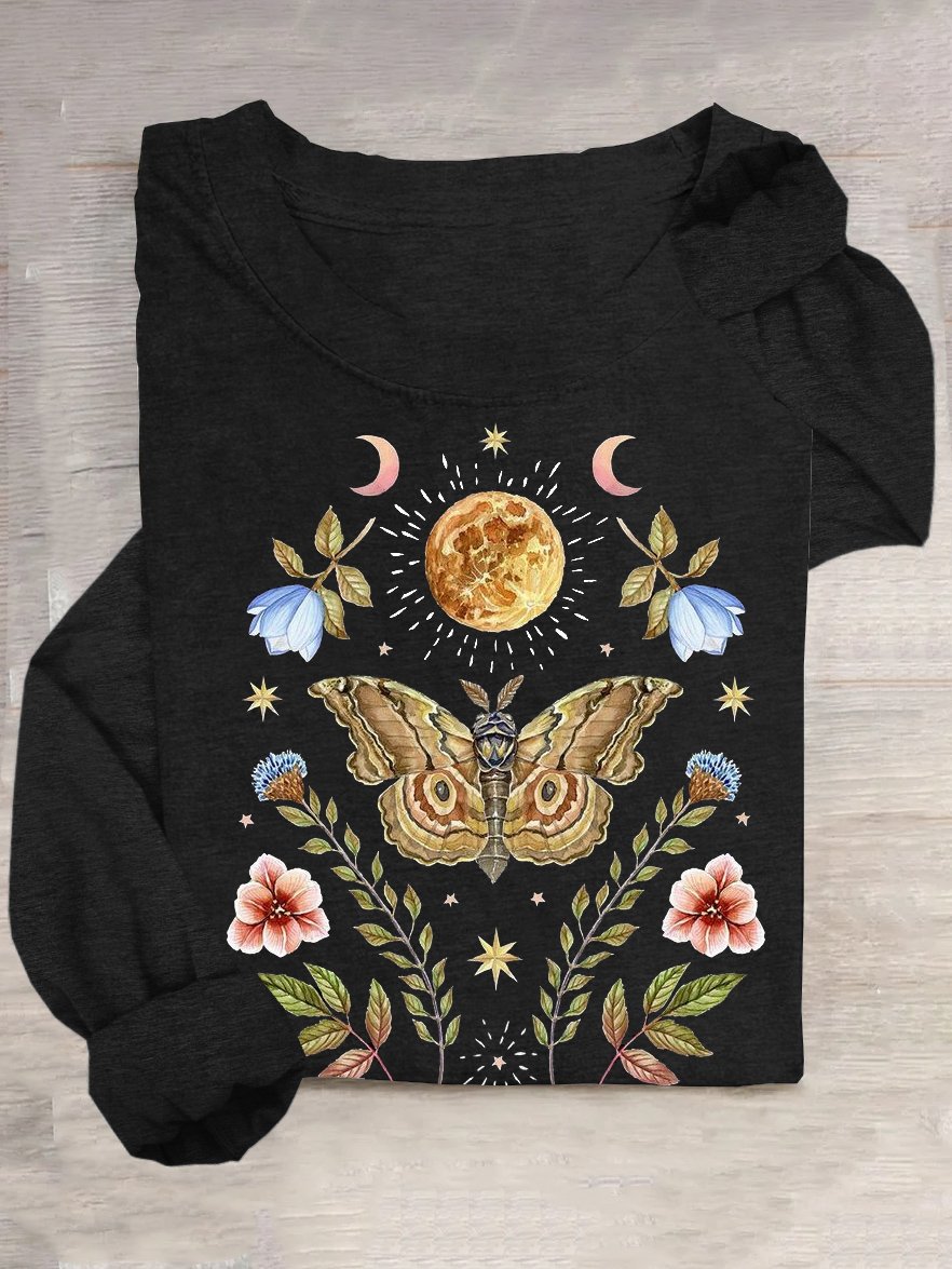 Weit Lässig Geblümt Schmetterling Baumwollmischung T-Shirt