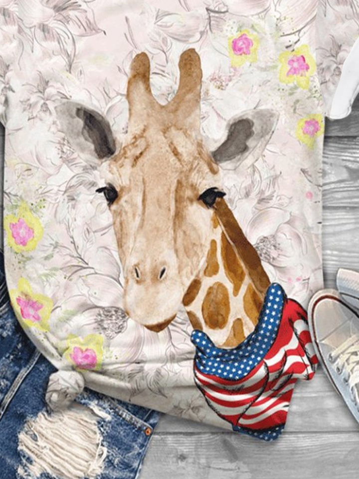 Giraffe Geblümt Weit Lässig T-Shirt