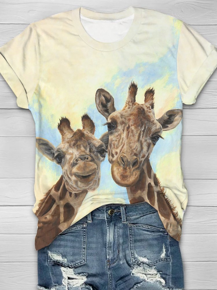 Rundhals Lässig Giraffe Jersey T-Shirt