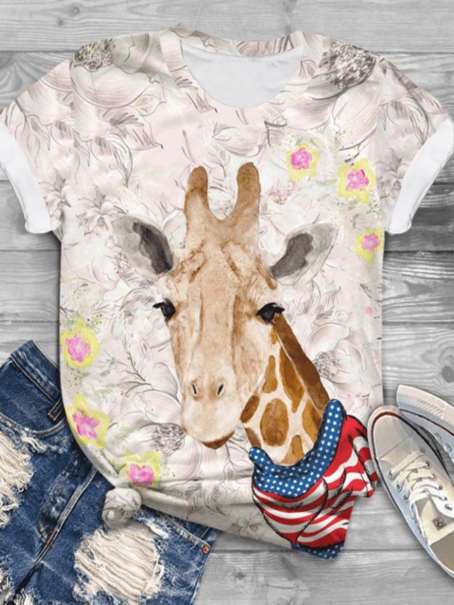 Giraffe Geblümt Weit Lässig T-Shirt