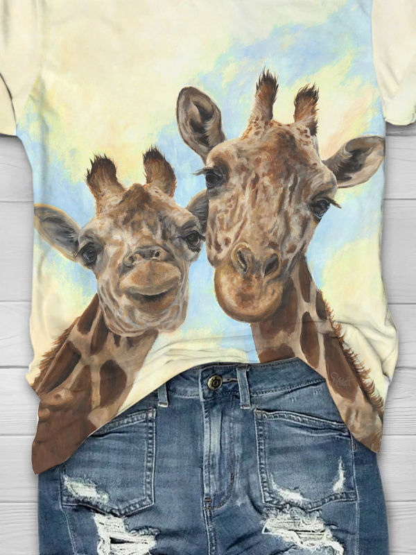 Rundhals Lässig Giraffe Jersey T-Shirt