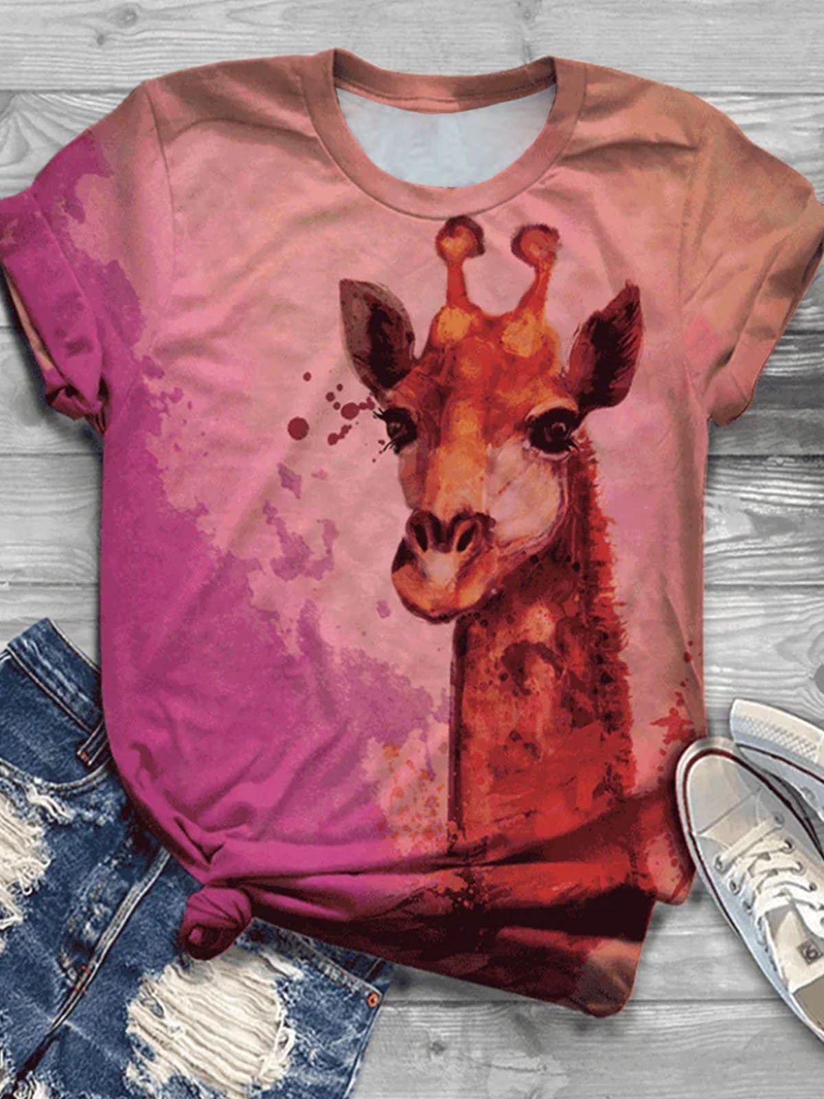 Giraffe Print Kurz Ärmeln Rundhals Lässig T-Shirt