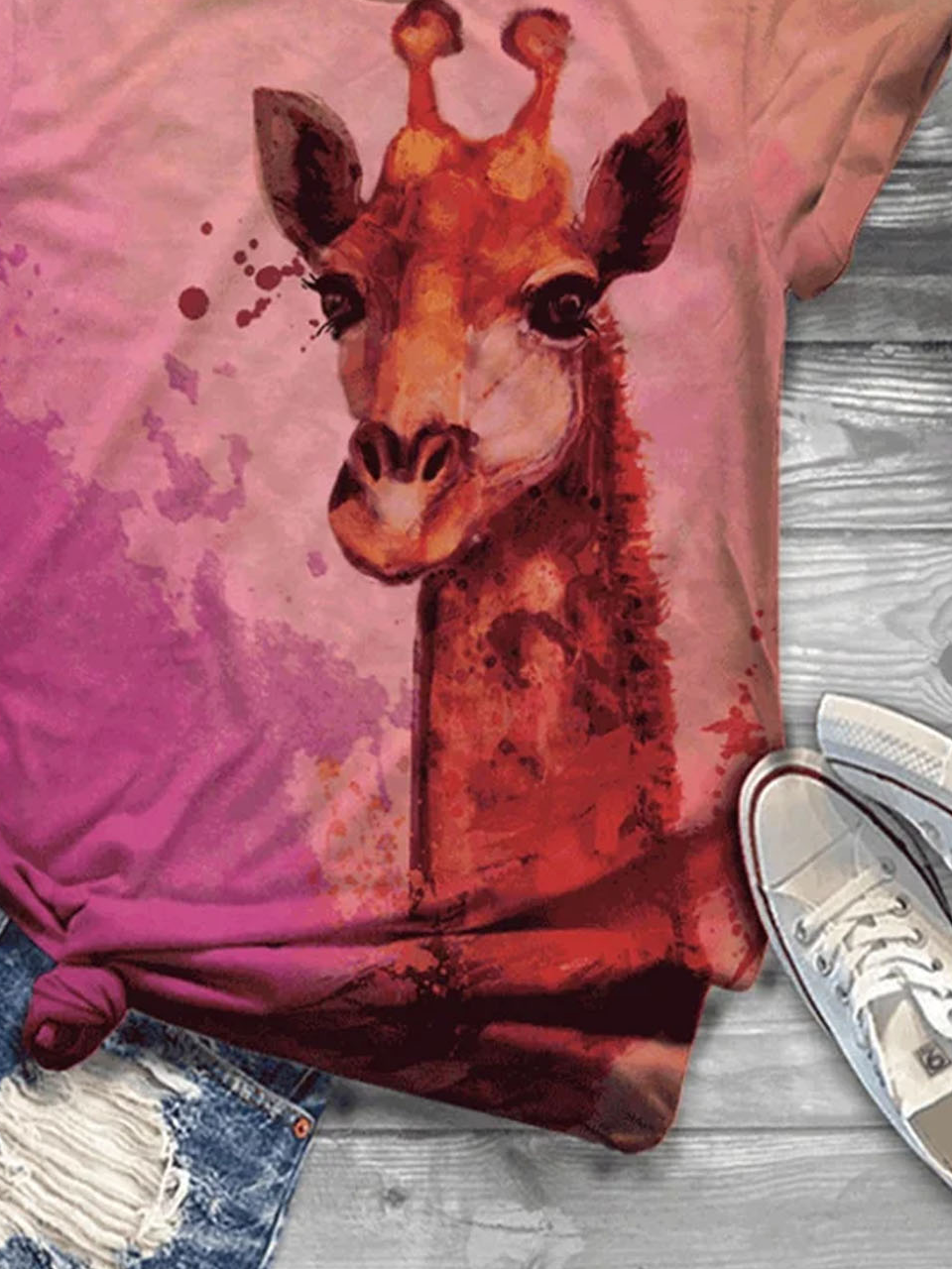 Giraffe Print Kurz Ärmeln Rundhals Lässig T-Shirt