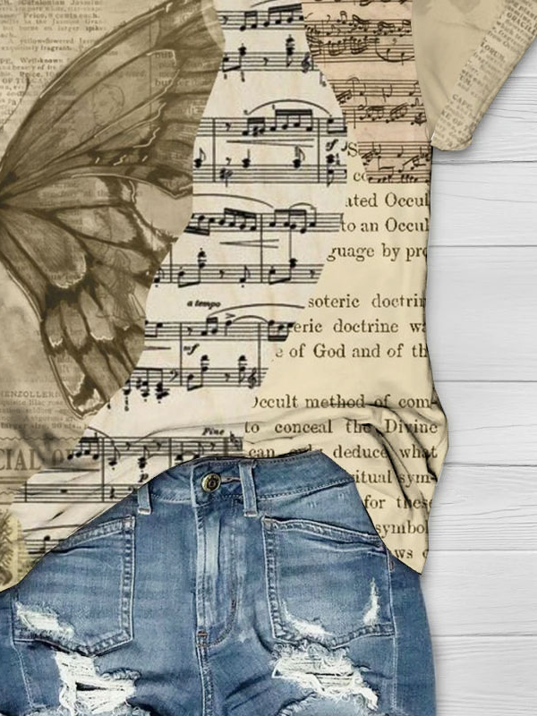 Textbriefe Musical Achtung Schmetterling Print, Rundhals Kurz Ärmeln Lässig T-Shirt