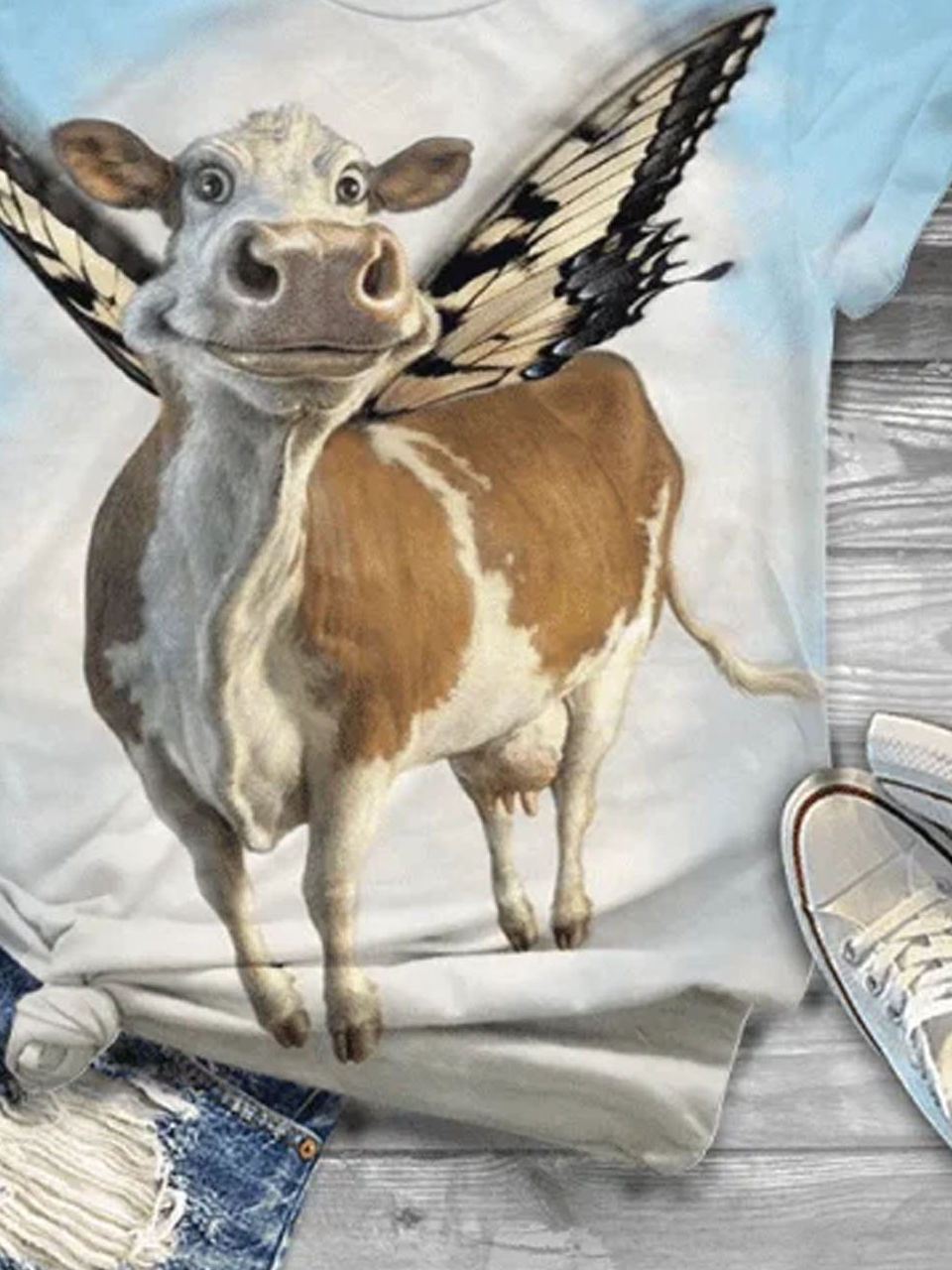 Kuh und Schmetterling Print Rundhals Kurz Ärmeln Lässig T-Shirt