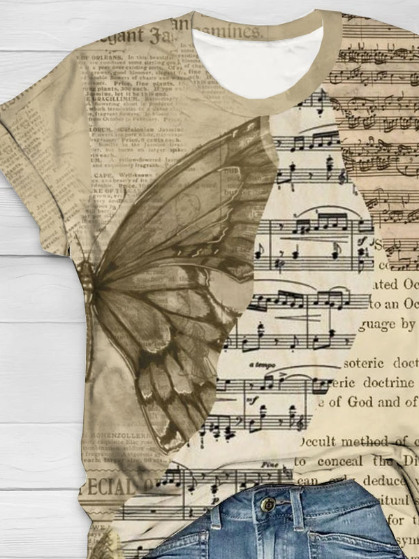 Textbriefe Musical Achtung Schmetterling Print, Rundhals Kurz Ärmeln Lässig T-Shirt