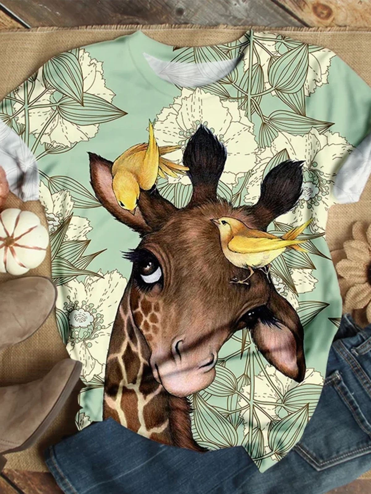 Giraffe Print Rundhals Kurz Ärmeln Lässig T-Shirt