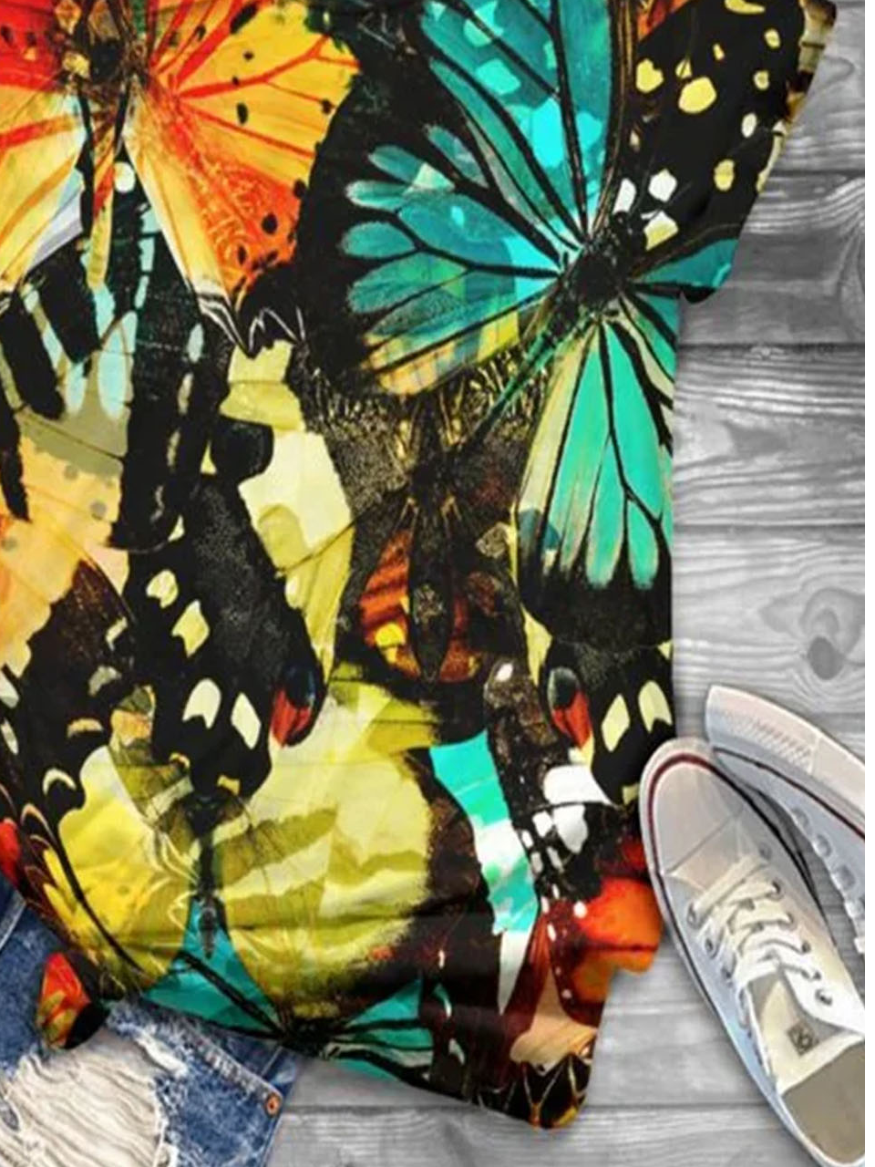 Schmetterling Print Rundhals Kurz Ärmeln T-Shirt