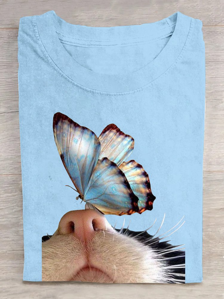 Katze Baumwolle Lässig Rundhals T-Shirt