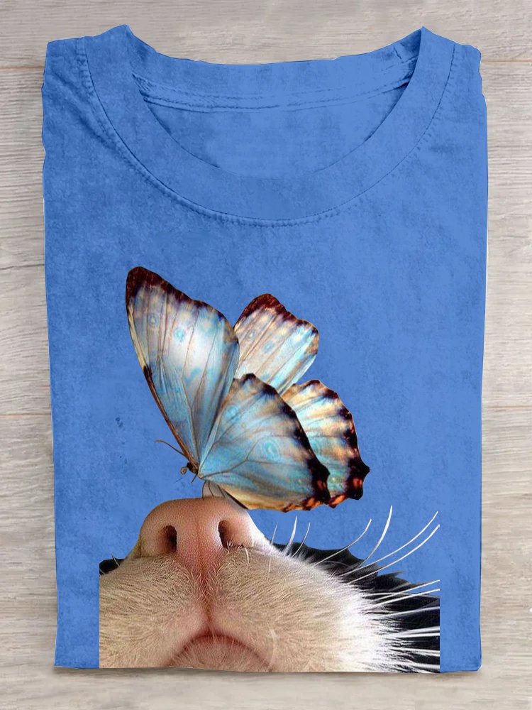 Katze Baumwolle Lässig Rundhals T-Shirt