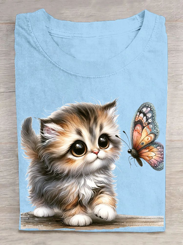 Katze und Schmetterling Print Rundhals T-Shirt