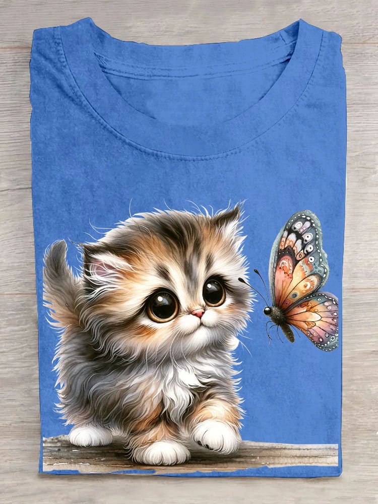 Katze und Schmetterling Print Rundhals T-Shirt
