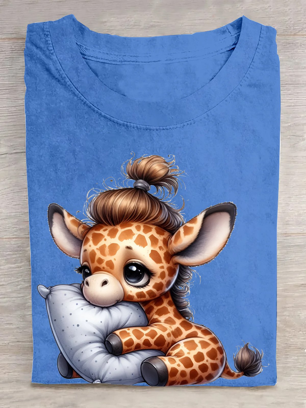 Baumwolle Süß Giraffe Schlafen auf Kissen T-Shirt